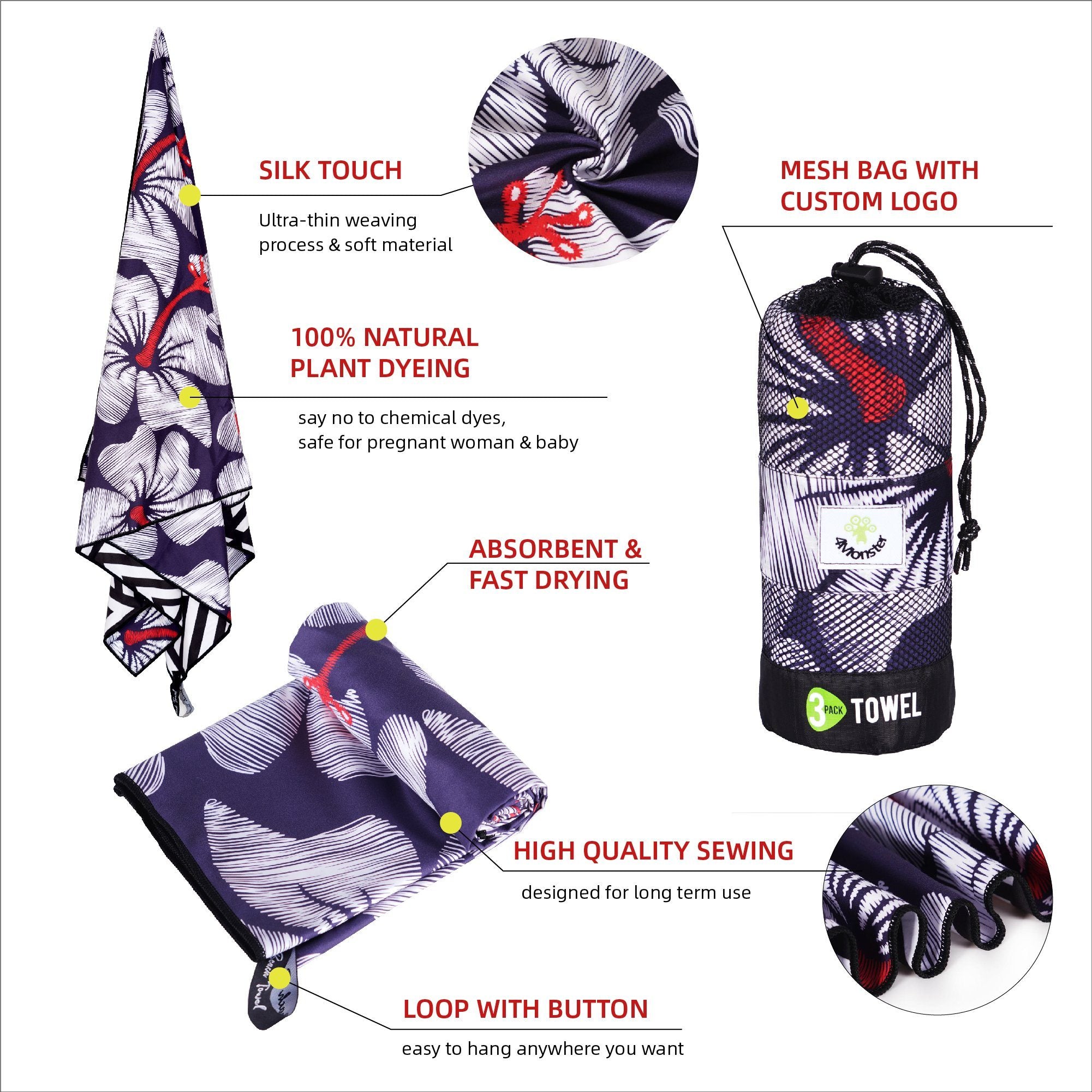 4Monster 3 Size Microfiber Camping/Beach/Face Towels For Multi-use microfiber towel 4Monster