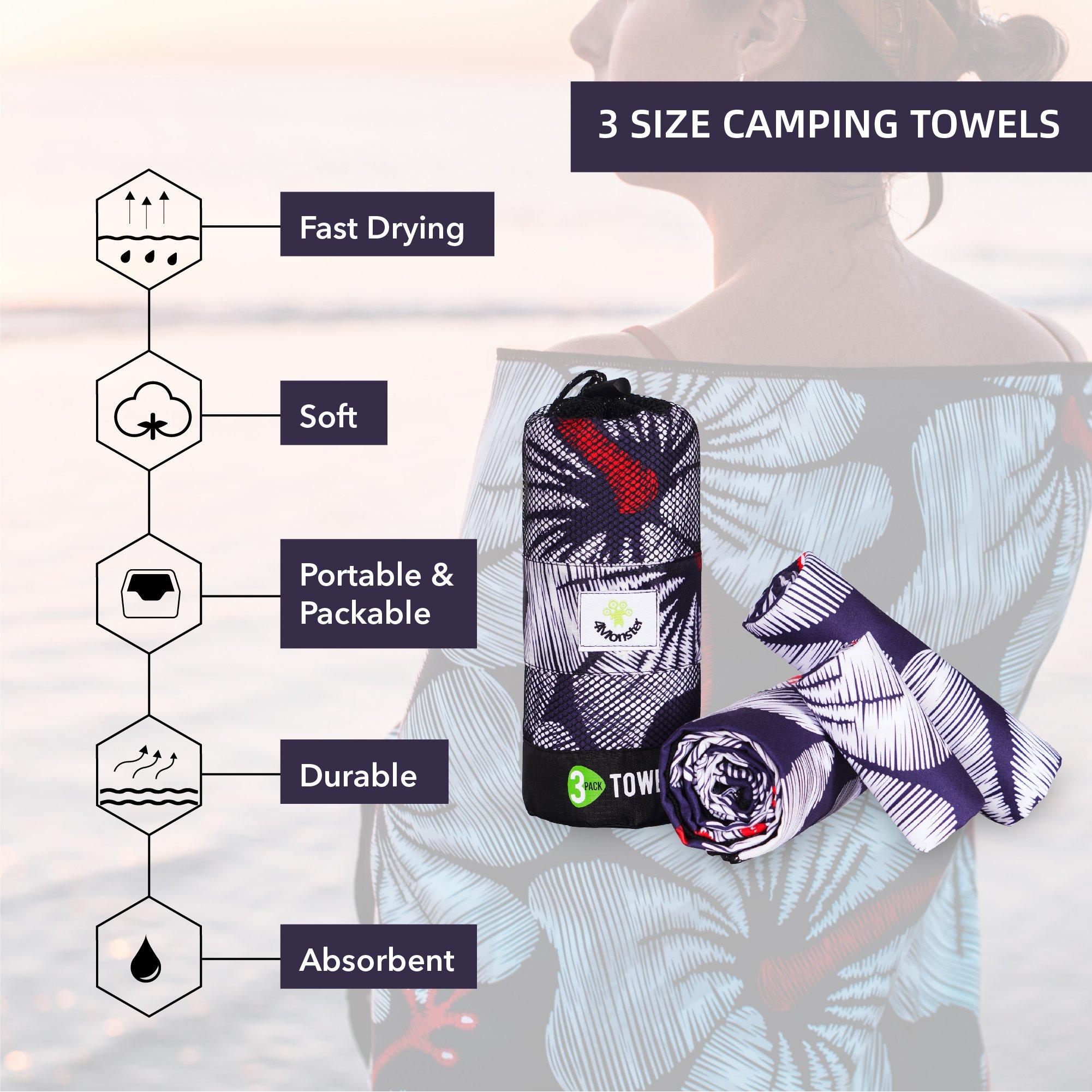 4Monster 3 Size Microfiber Camping/Beach/Face Towels For Multi-use microfiber towel 4Monster