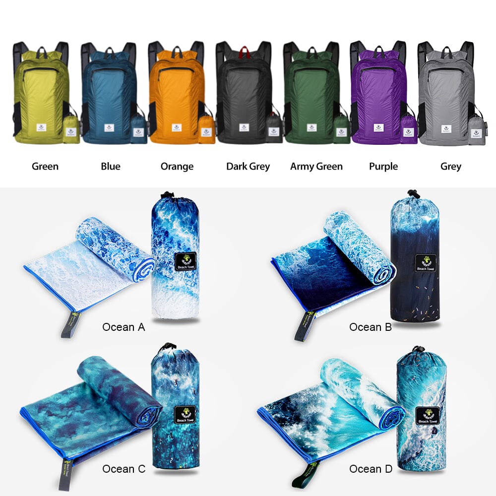 4Monster Hiking Lightweight Travel Backpack 24L + Ocean Series Microfiber Beach Towel 4monster outdoor Dark Grey Ocean A
