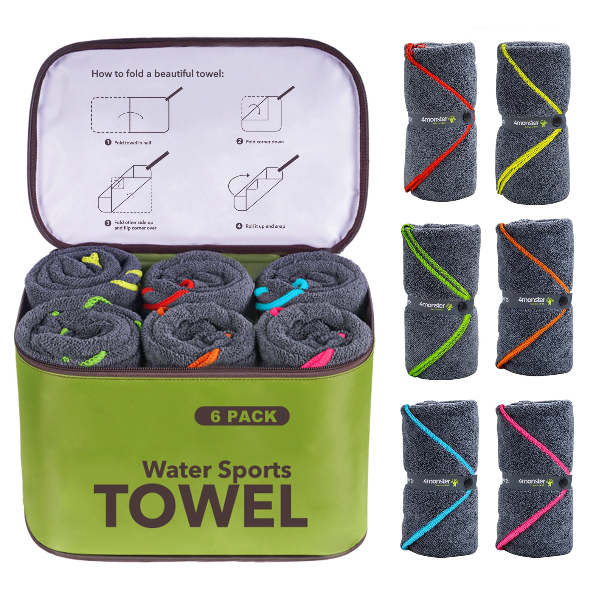 As low as $9.9-4Monster Water Sports Microfiber Terry Towel 4 In Set microfiber towel 4Monster Army Green Pack of 6 - Package + towel