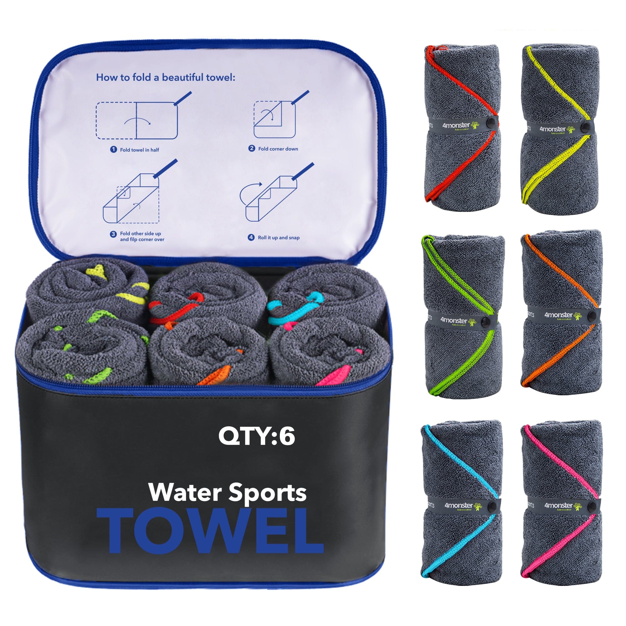 As low as $9.9-4Monster Water Sports Microfiber Terry Towel 4 In Set microfiber towel 4Monster Black Pack of 6 - Package + towel