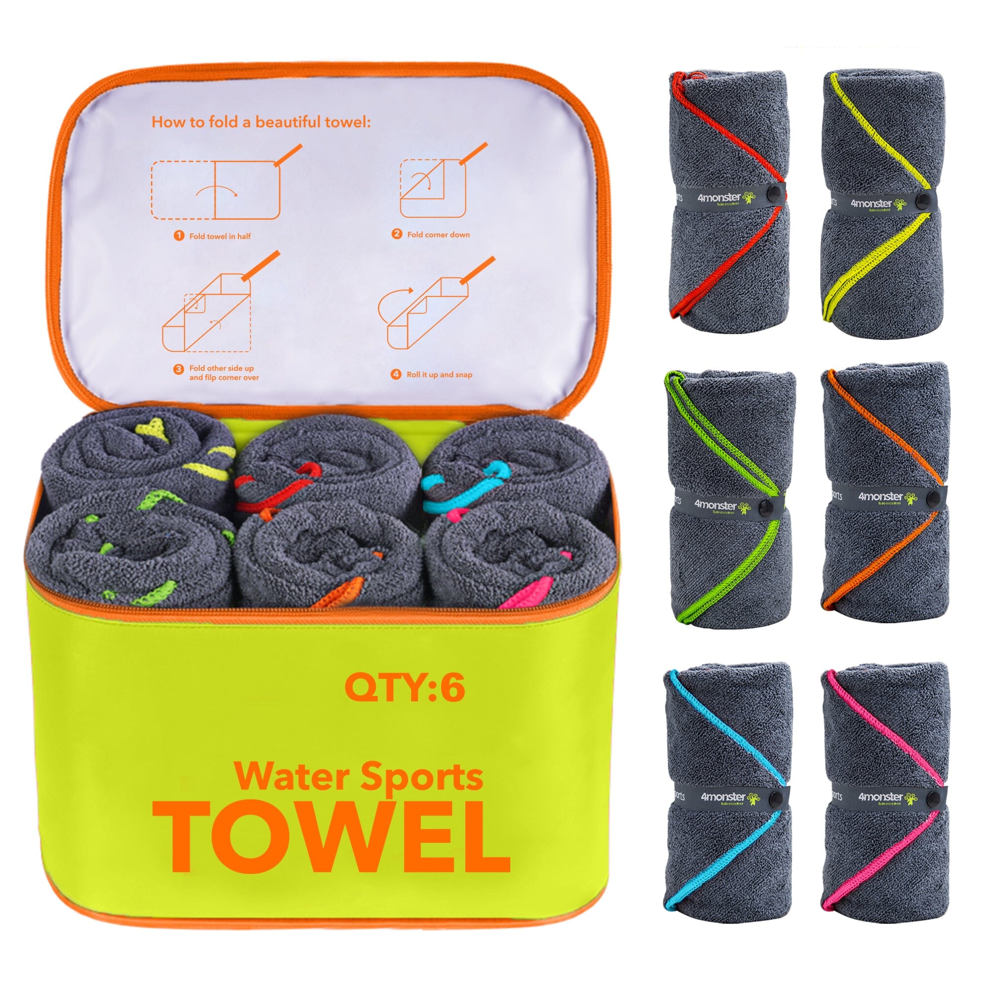 As low as $9.9-4Monster Water Sports Microfiber Terry Towel 4 In Set microfiber towel 4Monster Green Pack of 6 - Package + towel